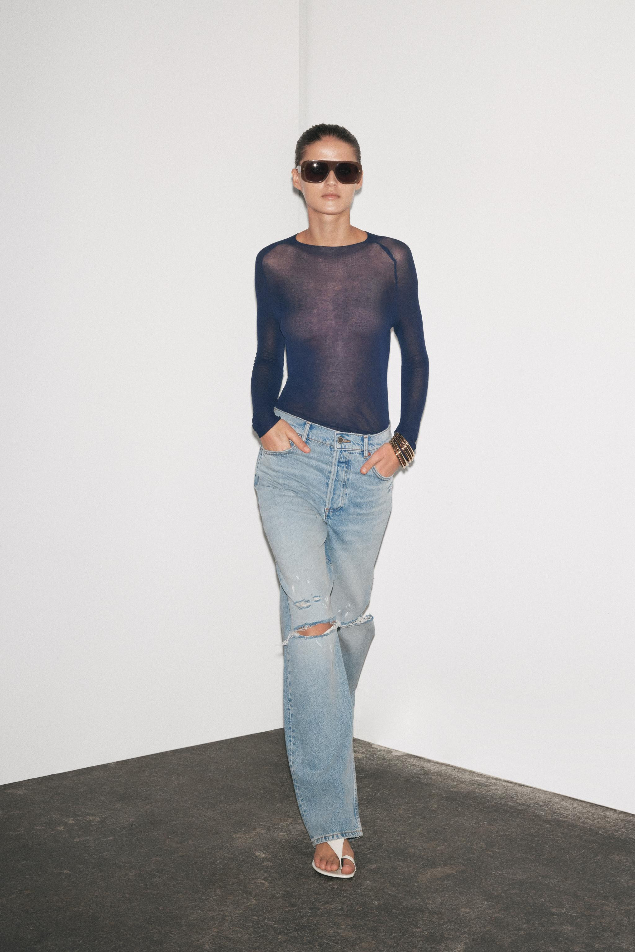 ZW COLLECTION HIGH-WAISTED SLIM RIPPED JEANS | Zara US