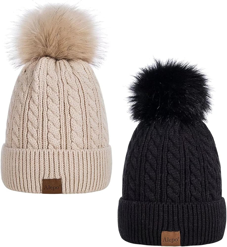Alepo Womens Winter Beanie Hat, Warm Fleece Lined Knitted Soft Ski Cuff Cap with Pom Pom(Black+Oatme | Amazon (US)