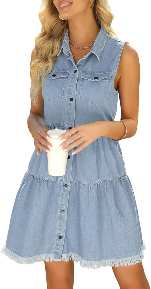 luvamia Women's Casual Summer Lapel Sleeveless Button Down Short Denim Jean Dress | Amazon (US)