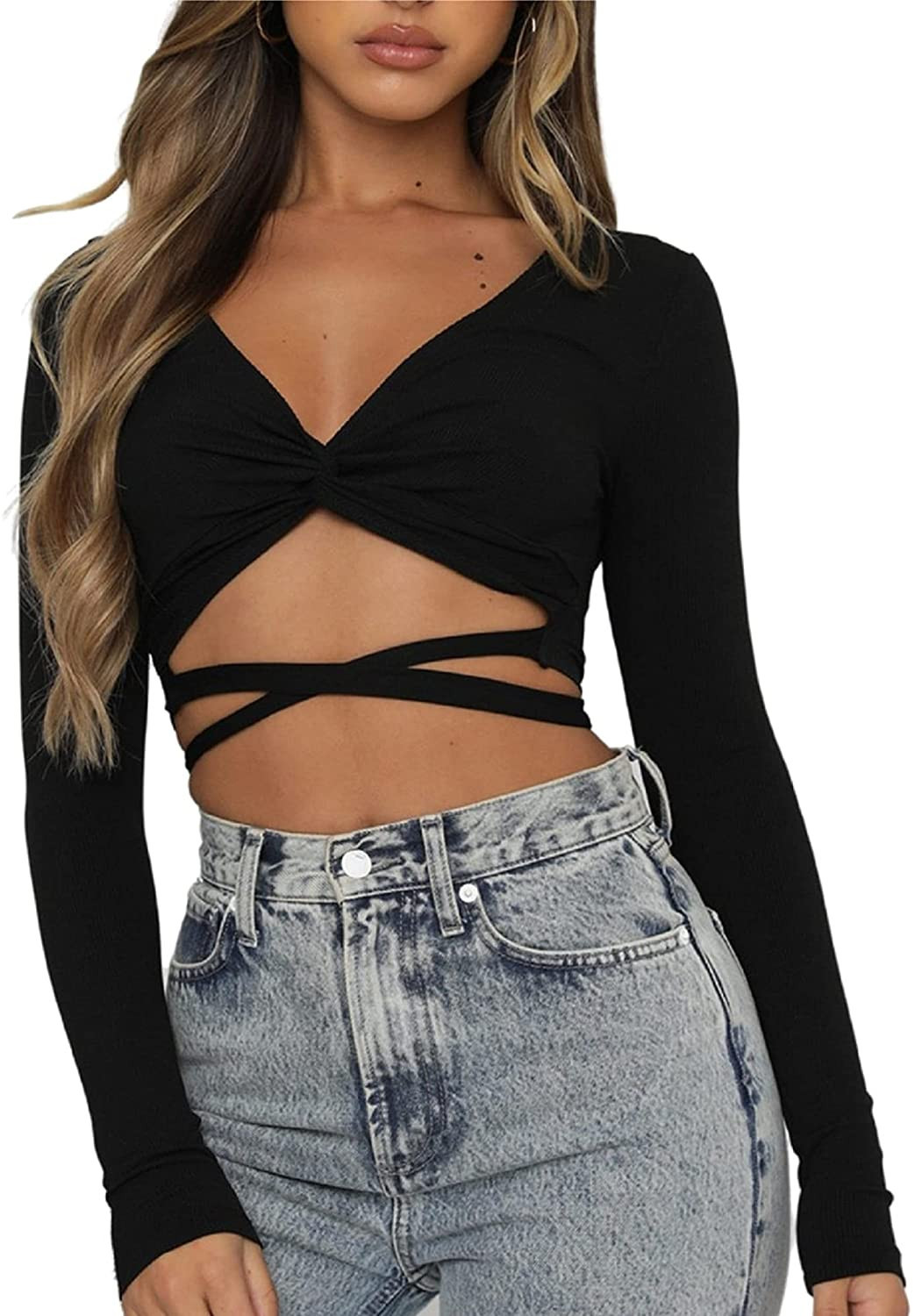 SOFIA'S CHOICE Women's Sexy Twist Knot Crop Top Tie Up Back Long Sleeve Shirt | Amazon (US)