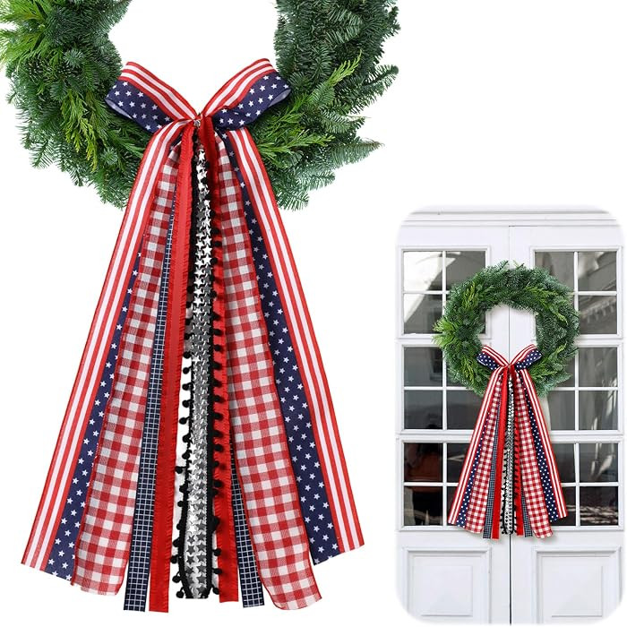 Large 4th of July Wreaths for Front Door Patriotic Ribbon Bow Wreath Satin Sash 250th Anniversary... | Amazon (US)