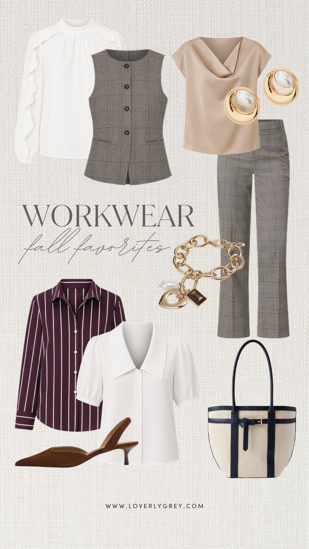 Business casual fall outfit ideas featuring plaid trousers, blouses, a tailored vest, striped button down, slingback heels and a structured tote. Versatile workwear staples for building polished office outfits throughout fall!

#LTKWorkwear #LTKSeasonal