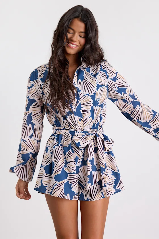Dimora Blue Abstract Print Long Sleeve Collared Romper | Lulus