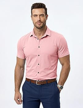 JMIERR Men's Muscle Fit High Stretch Wrinkle-Free Button Down Dress Shirts Summer Casual Short Sl... | Amazon (US)