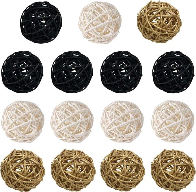 Pack of 15 pcs Mixed Gold Black White 2" Wicker Rattan Balls Decorative Orbs Vase Fillers for Cra... | Amazon (US)