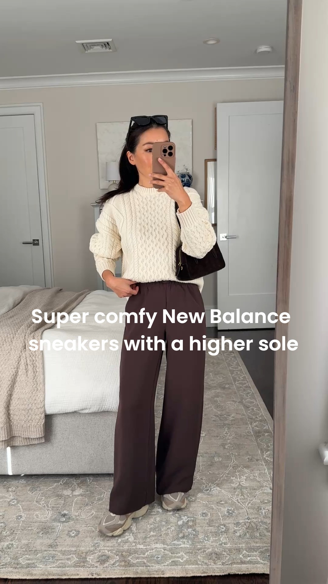 Aritzia private sale has begun - log into your aritzia account to see what day you can start shopping their black friday discount

• Aritzia lodge pants in 2XS short - the best! pull on elastic waist, wrinkle resistant and beautiful drape

I also love these pants with my adidas sneakers linked (runs big) but since those are a lower sneaker, I add a shoe insert (also linked) so my pants don’t drag on the ground.

• Hi-hip (aka shorter length) cable sweater sz XS, I sized up for a relaxed fit. Amazing quality chunky knit, thick and warm weight. 

FYI the neck was a little snug at first but I gently loosened it. Hand wash this cold and air dry.

• New Balance 9060s very cushioned and comfortable. A big kids size 4 = womens 6. 

A big kids size 3.5 fits like a womens 5.5.

• Madewell brown bag

• love these cushioned socks in Xs / s 

airport travel outfit, thanksgiving cozy style, petite pants , easy sneakers looks , busy mom 
 

 