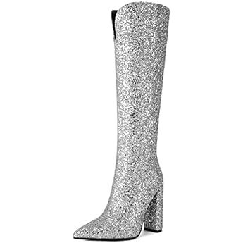 LISHAN Women's Bling bling Heel Knee High Boots Rhinestone Chunky Block Heel Pull on Shoes | Amazon (US)