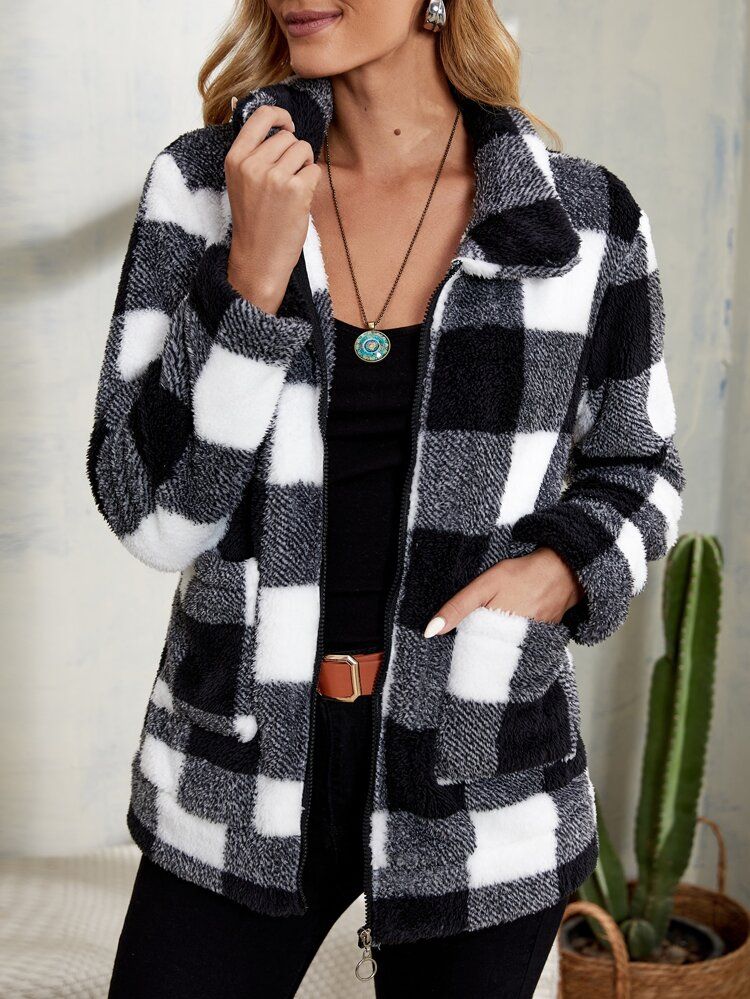 EMERY ROSE Buffalo Plaid Pattern Dual Pocket Fleece Coat | SHEIN