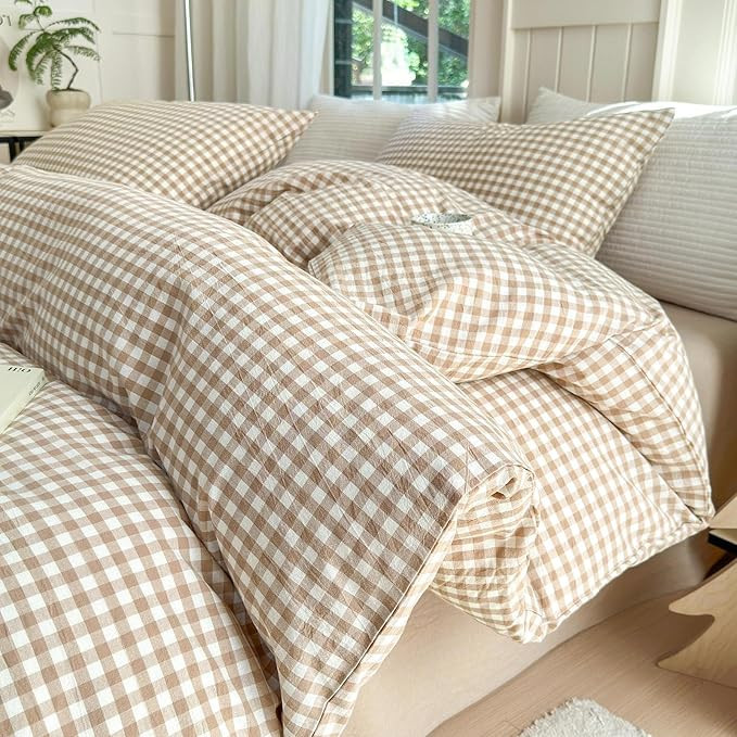 LifeTB Queen Comforter Set Tan Gingham Comforter Modern Style Beige Plaid Comforter Set 3 Pieces ... | Amazon (US)