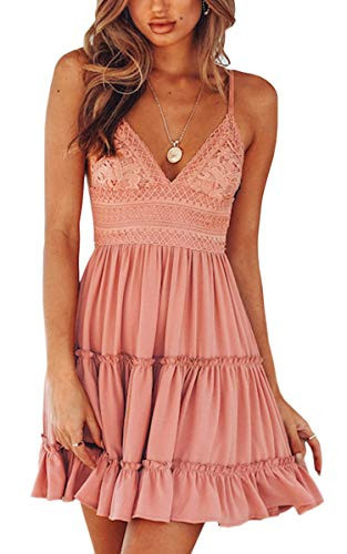 ECOWISH Summer Dresses for Women 2026 V-Neck Spaghetti Strap Bowknot Backless Sleeveless Lace Mini Swing Skater Dress Rose Pink Extra Small | Amazon (US)