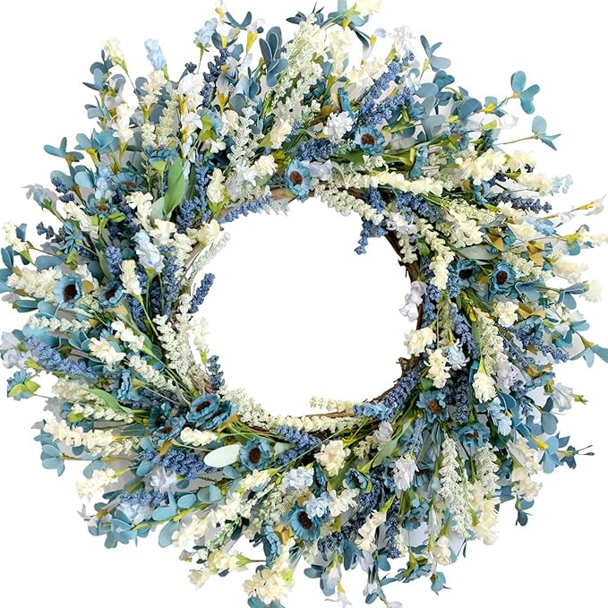 24 Inch Summer Spring Blue Ivory Lavender Flower Wreath for Front Door, Rustic and Farmhouse Wild... | Amazon (US)