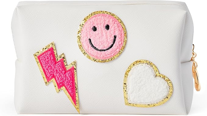 LieToi Preppy Patch Small Toiletry Bag, Smile Lightning Heart PU Leather Portable Waterproof Make... | Amazon (US)