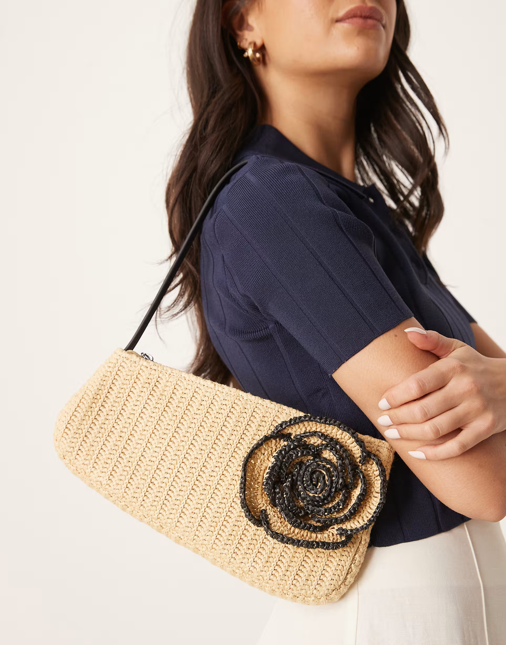 ASOS DESIGN straw asymmetric shoulder bag with contrast stitch flower corsage in neutral | ASOS (Global)