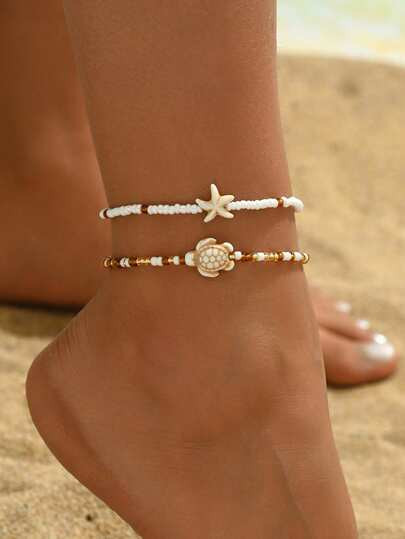 2pcs/Set Bohemian Beaded Anklet In Goldtone, Fashion Ocean Creature Design Foot Jewelry Suitable For Daily Wear And Beach Vacation - Size Gold | SHEIN