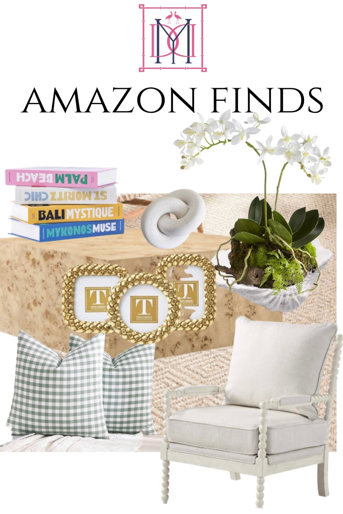 Amazon home finds! Amazon sisal rug, burl wood coffee table x faux orchid , clam shell, spindle chair, blue check pillows, decorative storage boxes, sculpture knot 

#LTKhome