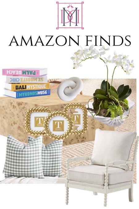 Amazon home finds! Amazon sisal rug, burl wood coffee table x faux orchid , clam shell, spindle chair, blue check pillows, decorative storage boxes, sculpture knot 

#LTKhome