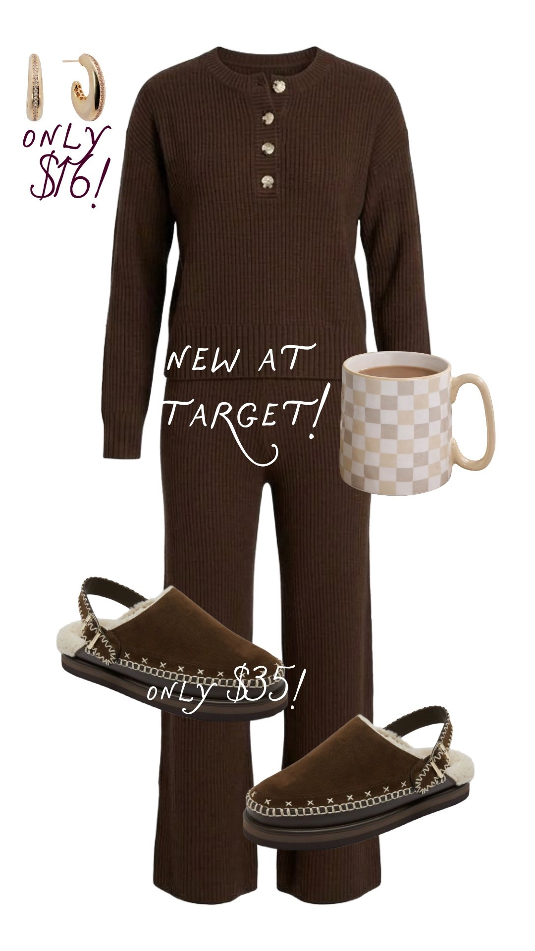 Target just dropped the cutest chocolate brown matching set for cozy season. I love the ribbed knit with the shearling clogs and gold earrings for an easy lounge look that still feels fun. Perfect for coffee runs, travel days, or a slow weekend at home! 

 #LTKgrwm #LTKootd #LTKmomlife