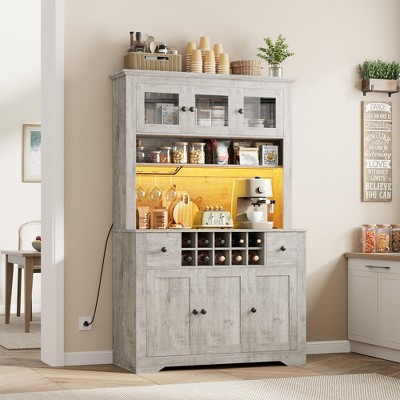69" Tall Pantry Cabinet with Lights & Charging Station, Large Kitchen Storage Hutch with Coffee Bar, Drawers, Wine Rack for Dining & Living Room | Target