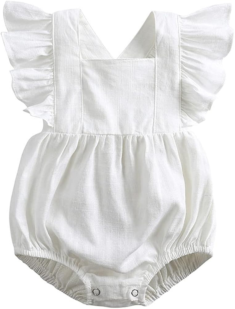 Baby Girls Playsuits Ruffled Bodysuit Fly Sleeve Romper Newborn Cotton Linen Jumpsuit Infant Summ... | Amazon (US)