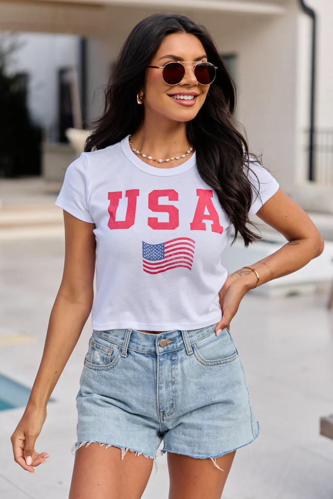 USA Block Flag White Baby Graphic Tee | Pink Lily