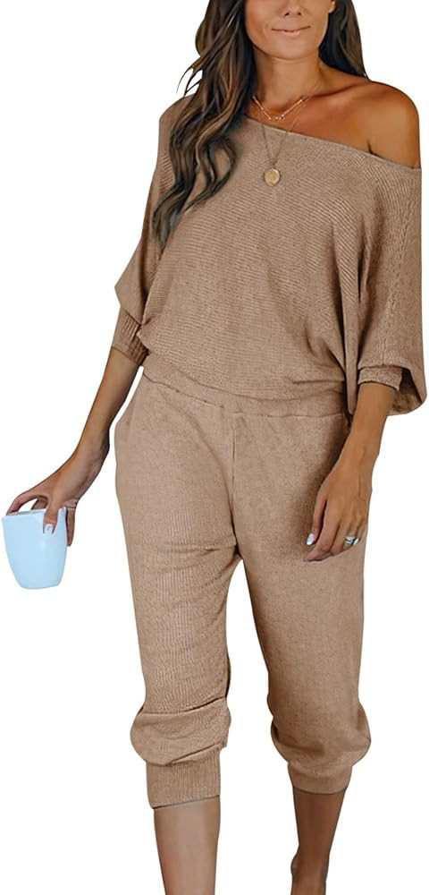 PRETTYGARDEN Women's 2 Piece Ribbed Tracksuit Outfits Off Shoulder Long Sleeve Pullover Long Pants w | Amazon (US)