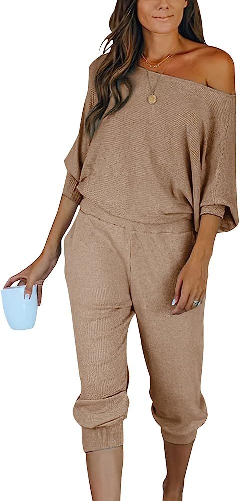 PRETTYGARDEN Women's 2 Piece Ribbed Tracksuit Outfits Off Shoulder Long Sleeve Pullover Long Pant... | Amazon (US)