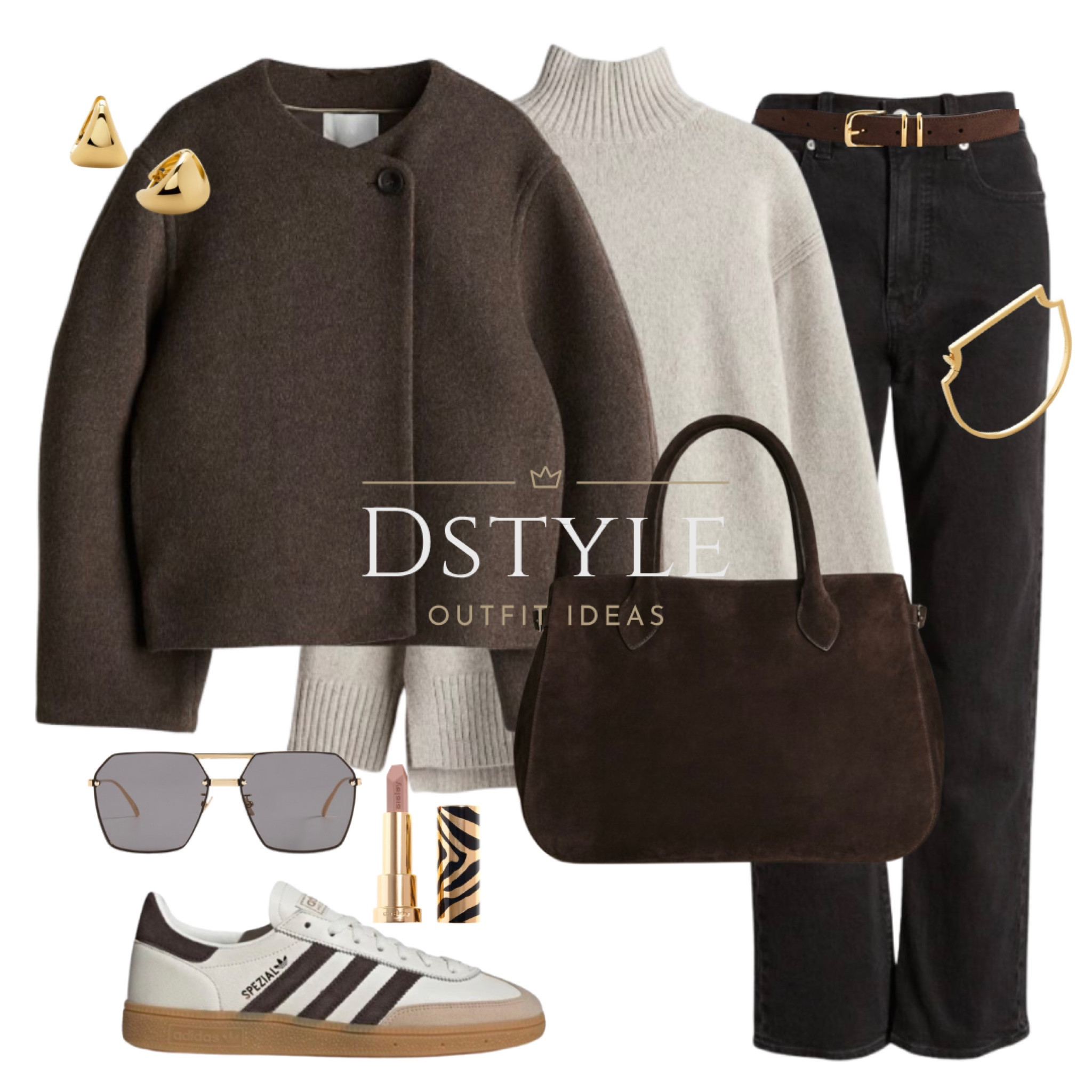Dark brown wool-blend jacket, beige marl oversized sweater/jumper, black straight leg jeans, brown suede bag, Adidas Spezial off-white with dark brown

#LTKItBag #LTKShoeCrush #LTKWorkwear