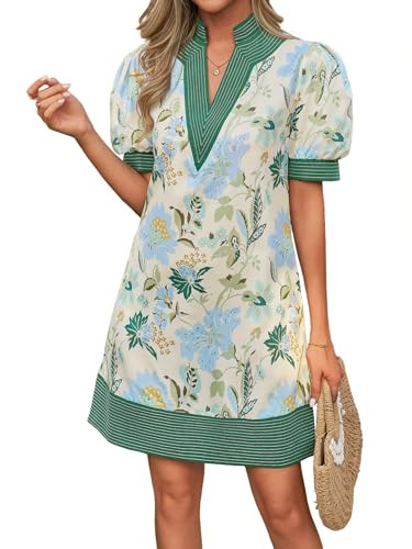 Wenrine Womens Summer V Neck Shift Dresses Casual Puff Short Sleeve Color Block Short Boho Beach ... | Amazon (US)