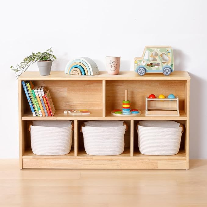 OOOK Rubber Wood 5-Compartment Montessori Shelf, 43.3" L, 2-Tier Toy Organizers and Storage, Wood... | Amazon (US)