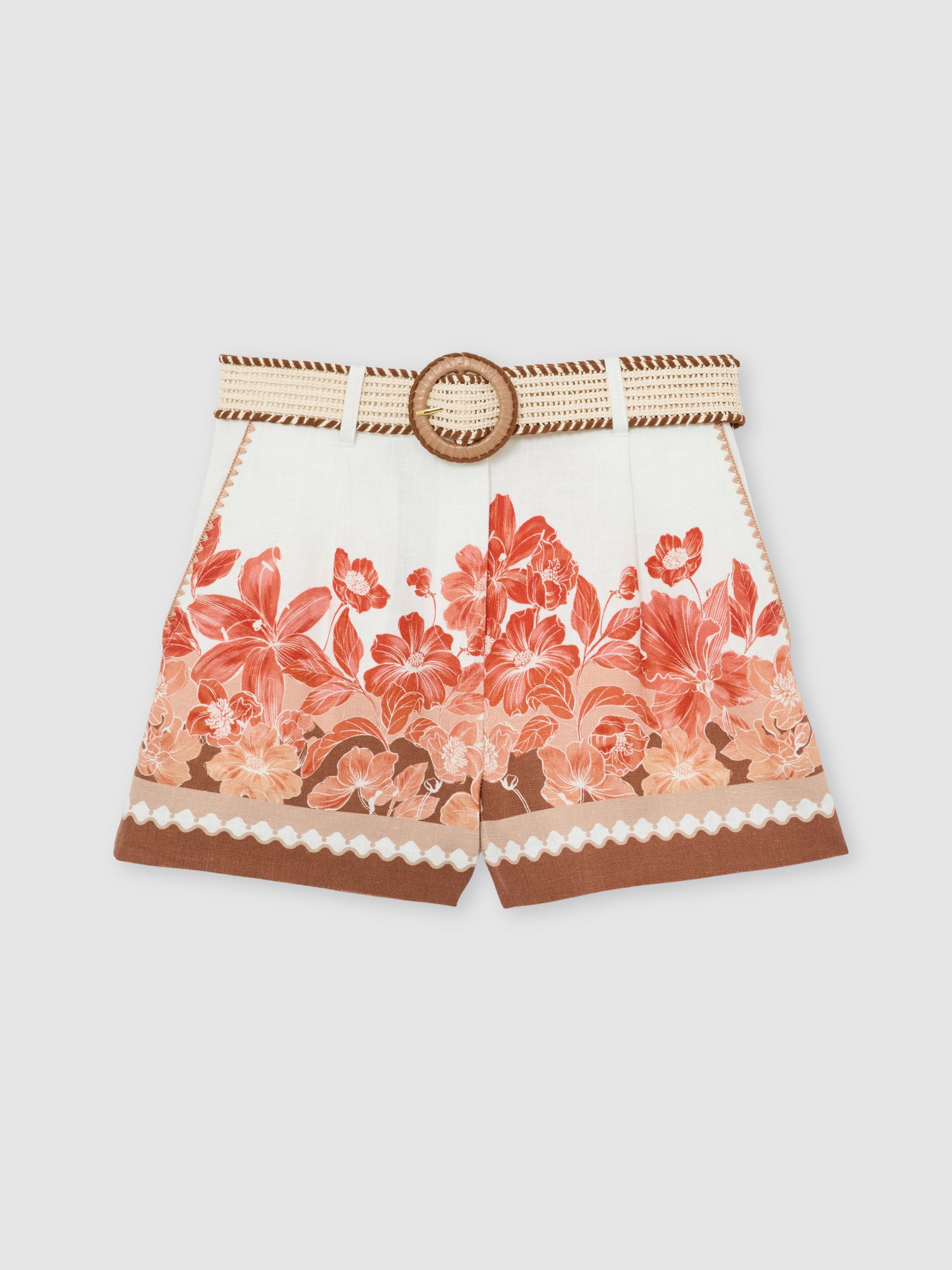 Reiss Linen Floral-Print Belted Shorts in Pink Print - REISS | Reiss UK