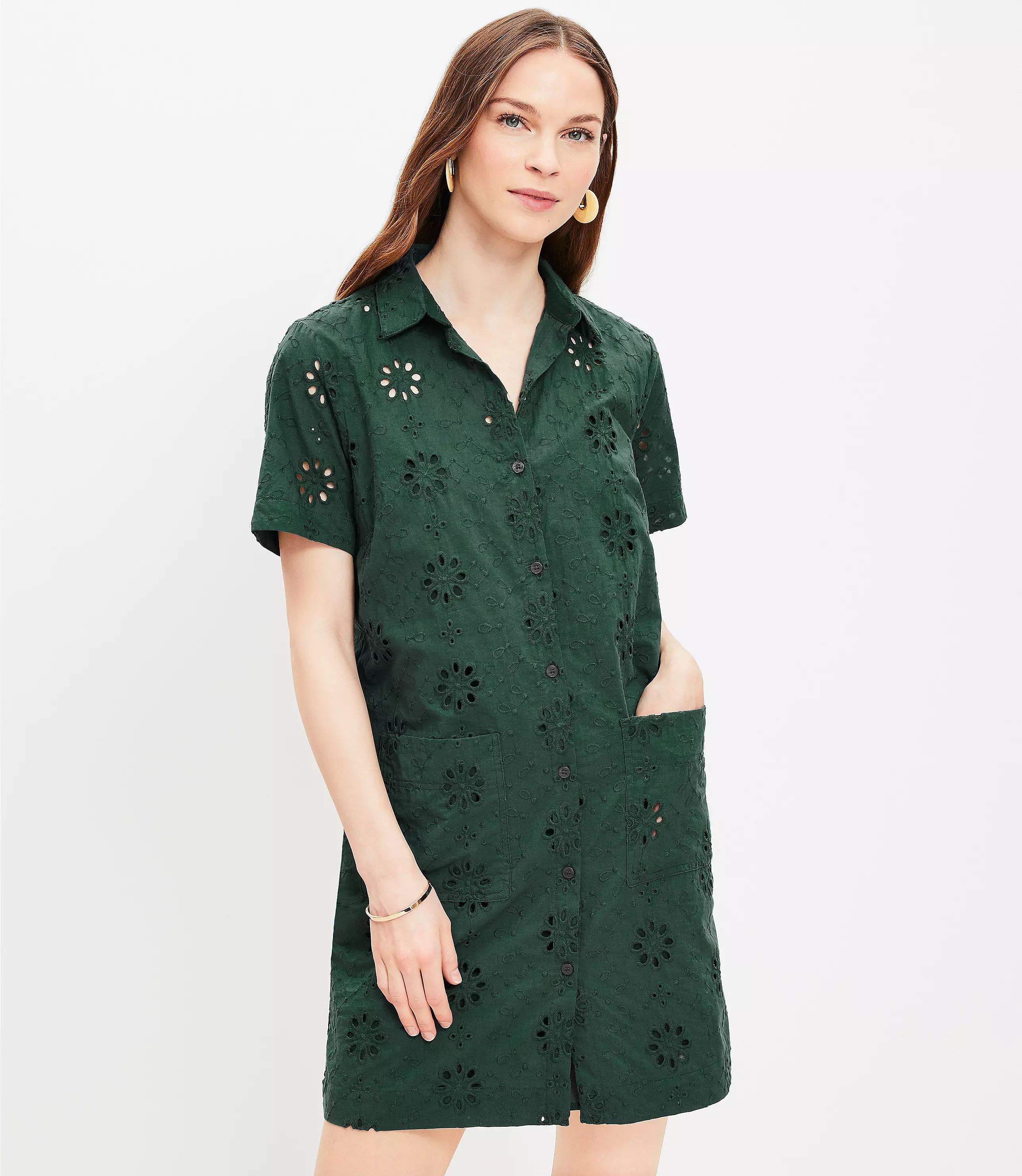 Eyelet Mini Pocket Shirtdress | LOFT