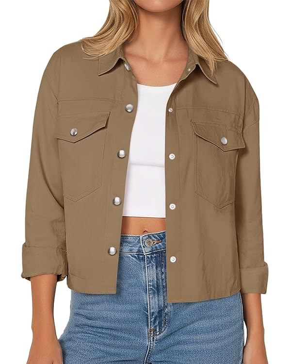 Womens Cropped Casual Jackets Button Down Lapel Shacket Coats Short Outerwear with Pockets | Amazon (US)