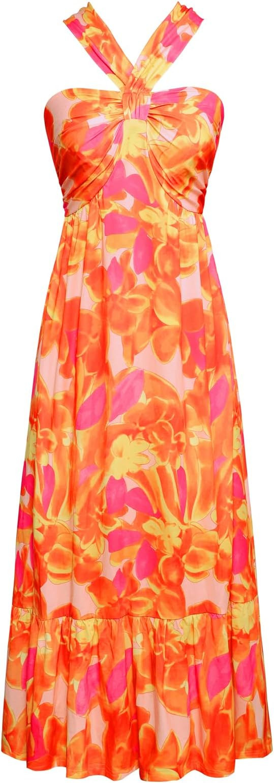 GRACE KARIN 2024 Women's Criss Cross Halterneck Sleeveless Summer Floral Print Flowy A Line Maxi ... | Amazon (US)