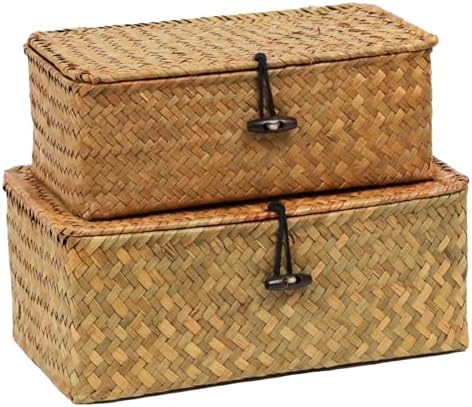 Set of 2 Wicker Basket with Lid, Seagrass Woven Basket for Storage, Decorative Storage Baskets Bi... | Amazon (US)