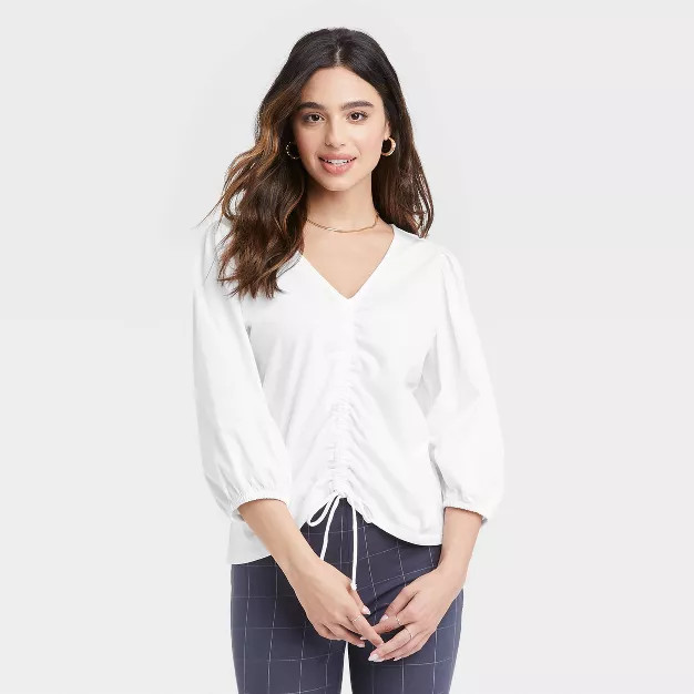 Women's Puff 3/4 Sleeve V-Neck Front Ruched Top - A New Day™ | Target