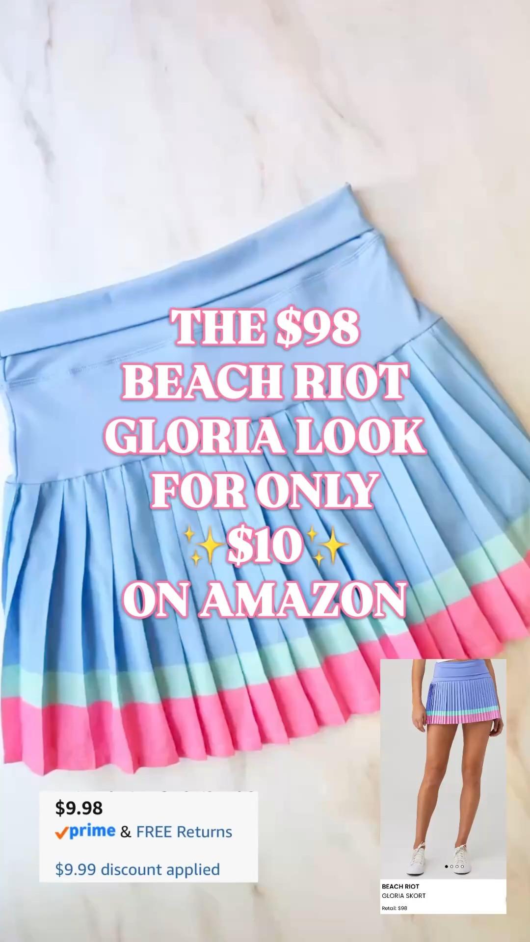 Beach Riot Gloria look for less | Amazon tennis skort | pleated tennis skirt | pickleball outfit | activewear look for less

The $98 Beach Riot Gloria skirt look is only $10 on Amazon with promo code P7JBBXW3 through 6/10, and this is exactly the kind of activewear deal that goes fast.

This pleated colorblock tennis skort has the sporty-preppy Beach Riot feel for way less: wide waistband, pleated skirt, pretty blue, pink, and mint colorblock trim, built-in shorts underneath, and that cute tenniscore silhouette that works for way more than just tennis.

The fabric is a polyamide and elastane blend, so it feels buttery soft, stretchy, smooth, and comfortable for warm weather. It also comes in 9 colors, which makes this one of those Amazon activewear finds that is very easy to grab in more than one.

Wear it for tennis, pickleball, walks, golf casual, gym outfits, errands, travel athleisure, vacation activewear, country club outfits, summer weekends, brunch after a workout, or any sporty summer outfit. 

If you love Beach Riot, pleated tennis skirts, colorblock skorts, pickleball outfits, preppy activewear, tenniscore outfits, girly athleisure, Amazon workout clothes, and designer activewear looks for less, this $10 promo code find is the one i would add to cart. 

Beach Riot Gloria look for less, Beach Riot Gloria skirt dupe, Beach Riot look for less, Amazon tennis skort, Amazon tennis skirt, pleated tennis skort, pleated tennis skirt, colorblock tennis skirt, colorblock skort, tennis skirt women, pickleball outfit, pickleball skirt, golf skort, active skort, workout skort, built in shorts skirt, tenniscore outfit, preppy activewear, summer activewear, Amazon activewear find, Amazon promo code, designer look for less

#LTKFindsUnder50 #PreppyStyle #AmazonDailyDeals #DealofTheDay  #LookForLess #BeachRiot #SummerOutfits #TennisSkirt #GolfOutfit #TennisOutfit #PickleballOutfit

#LTKfitnessgoals #LTKSaleAlert #LTKActive