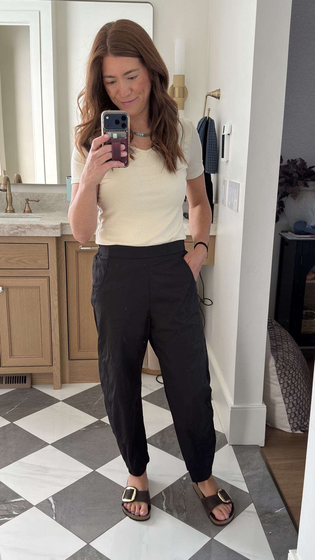 OOTD 3 pack of ribbed shirts + the ruti look for less pants on Amazon I have had on repeat. I own coffee, and green too and LOVE them. Stretchy wasteband. In a small. 5’6”