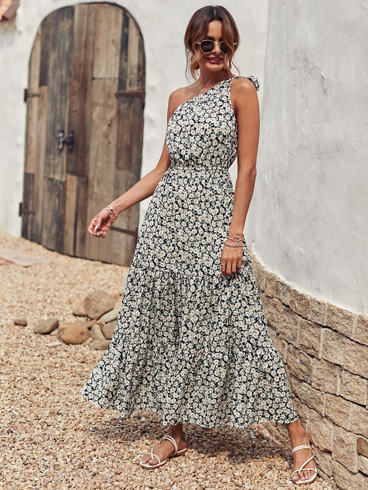 SHEIN VCAY Allover Floral One Shoulder A-line Dress | SHEIN