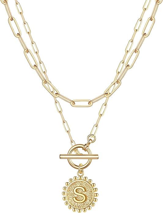 Gold Layered Initial Necklaces for Women, 14K Gold Plated Dainty Layering Paperclip Link Chain Ne... | Amazon (US)