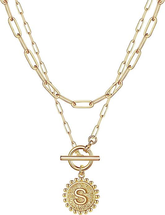 Gold Layered Initial Necklaces for Women, 14K Gold Plated Dainty Layering Paperclip Link Chain Ne... | Amazon (US)
