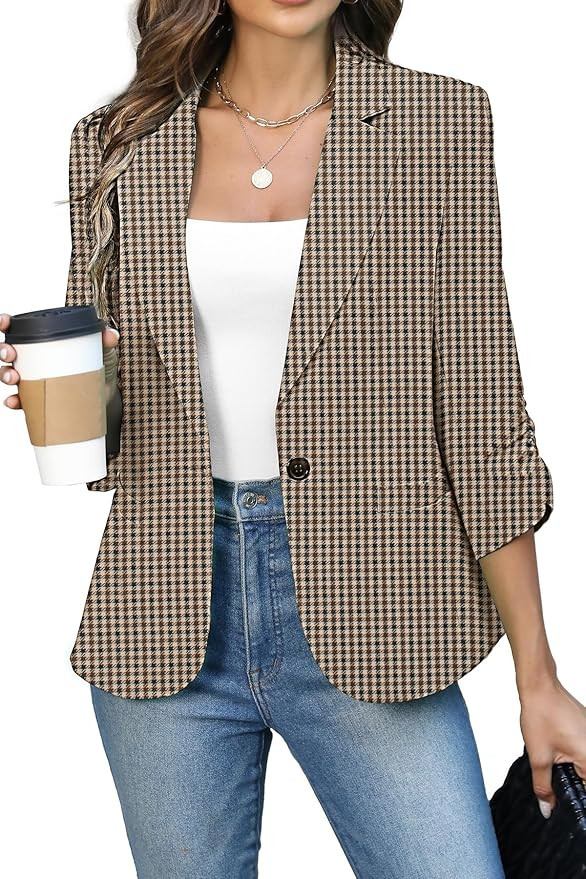 ELLEVEN Women's Ruched 3/4 Sleeve Blazers, Lightweight Slim Fit Jackets with Padded Shoulder for ... | Amazon (US)