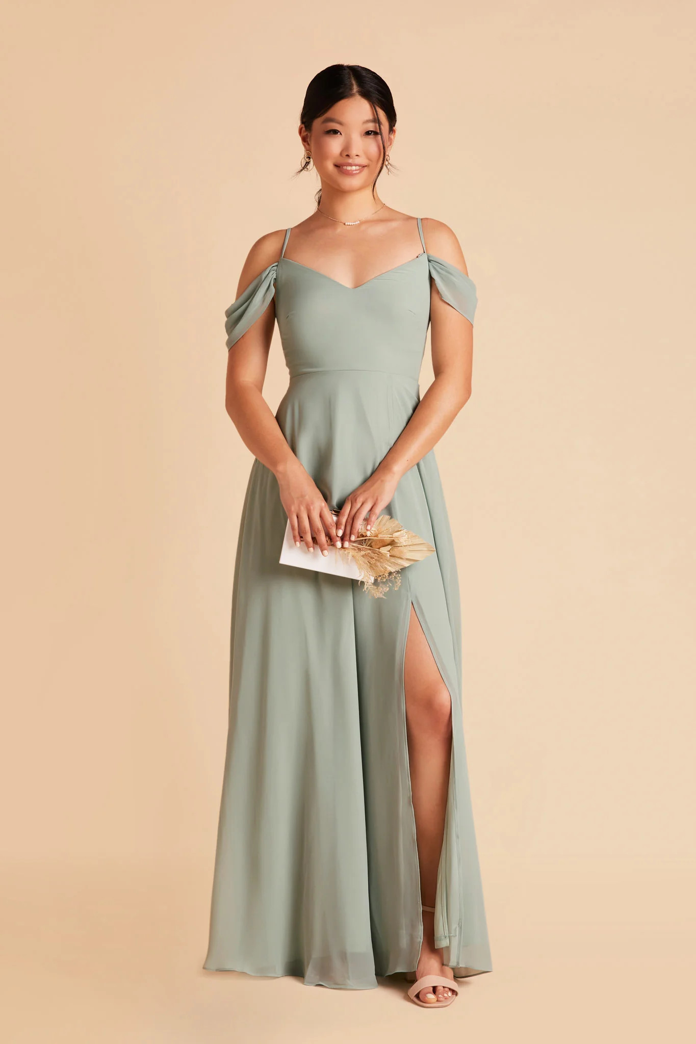 Sage Green Chiffon Convertible Bridesmaid Sage Off the Shoulder with V-Neck Birdy Grey | Birdy Grey