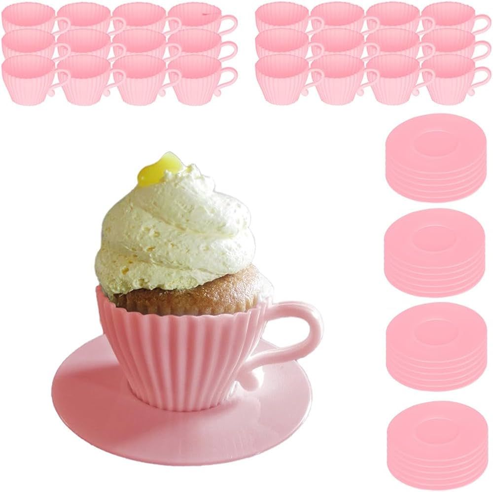 Evelots Teacup Silicone Cupcake Liners for Baking 48 Pc Set Oven Safe Non Stick (24 Cups & 24 Sau... | Amazon (US)