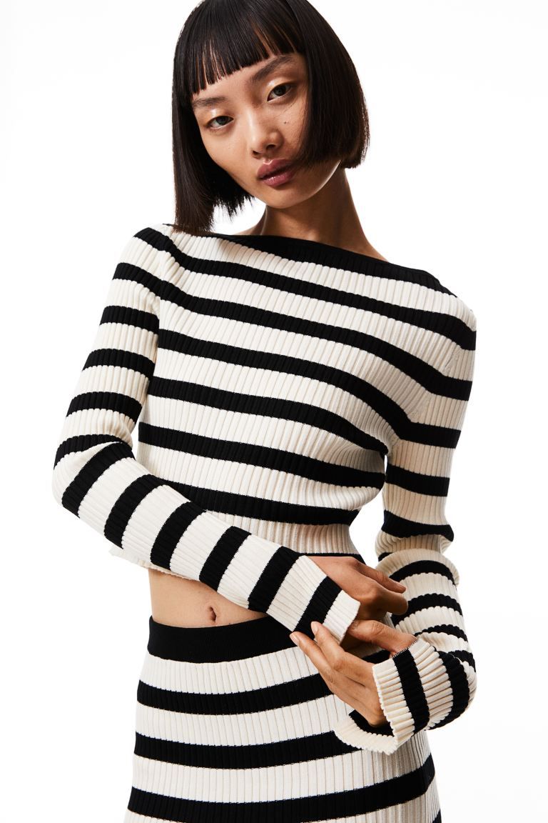 Rib-knit cropped top - Cream/Black striped - Ladies | H&M GB | H&M (UK, MY, IN, SG, PH, TW, HK)