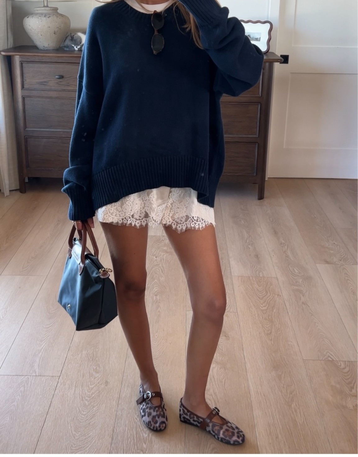 Amazon lace shorts + quince navy sweater 🪽