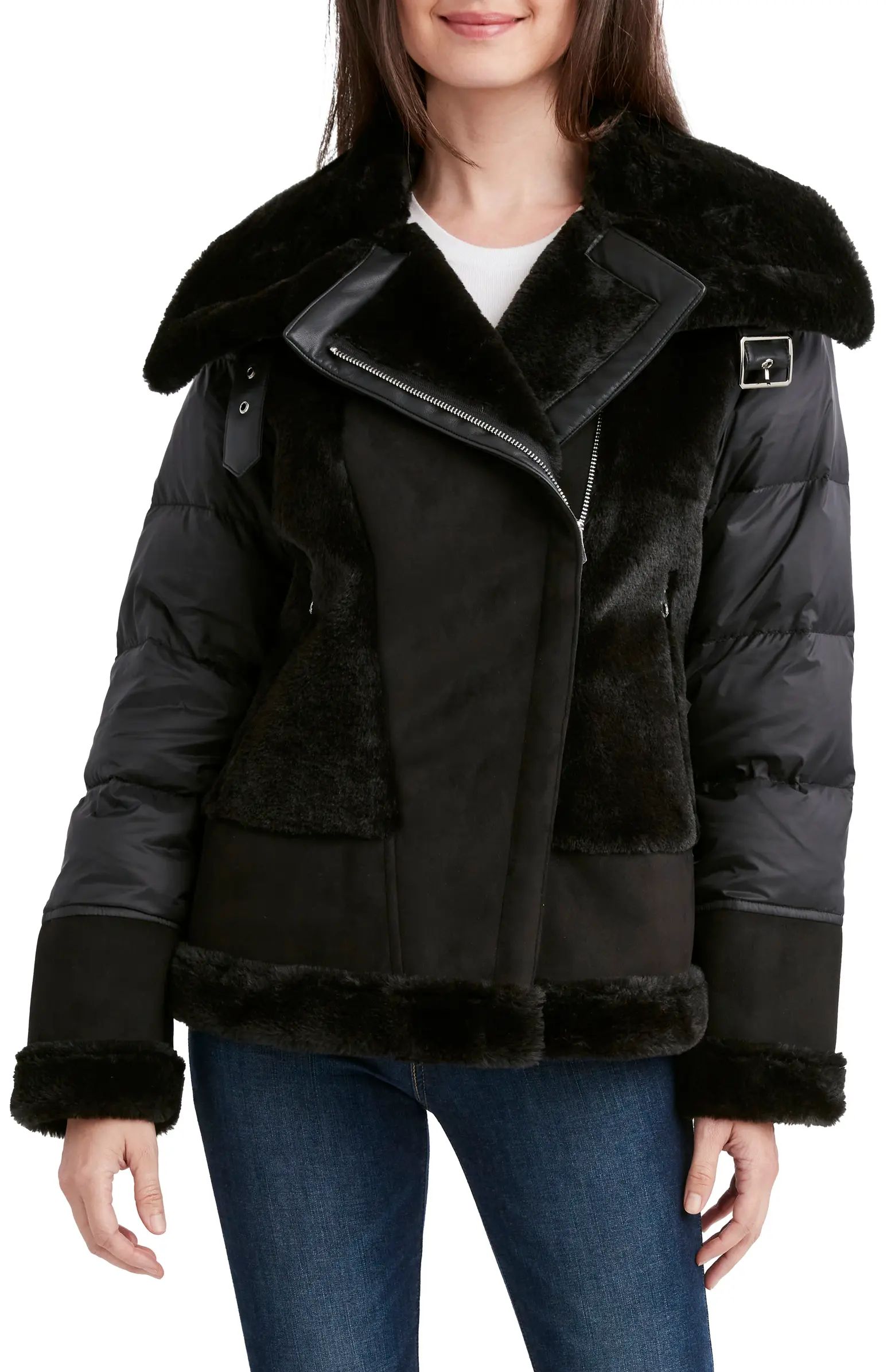 Saylor Faux Fur & Faux Suede Quilted Puffer Jacket | Nordstrom Rack