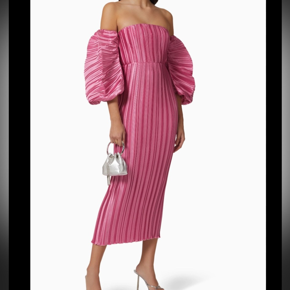 L'ID\u00c9E Sirene Off-Shoulder Puff-Sleeve Pleated Midi Column Dress NWT | Poshmark
