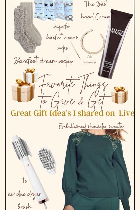 Favorite things to give and get!🎁🎁🎁

Gift ideas

Embellished should sweater on sale 30% off fits tts and light weight and soft 

T3- air duo blow dryer hair tool 20% off

Colleen Rothschild hand cream save 20% with code DARCY20

Gold hoop earrings on sale 30% off

Barefoot dreams 2 pack socks, so cozy warm and soft

Barefoot dreams dupe socks 1/2 the price (not as tall and not as warm but super soft)

All items I love and give for gifts

#LTKGiftGuide #LTKfindsunder100 #LTKsalealert