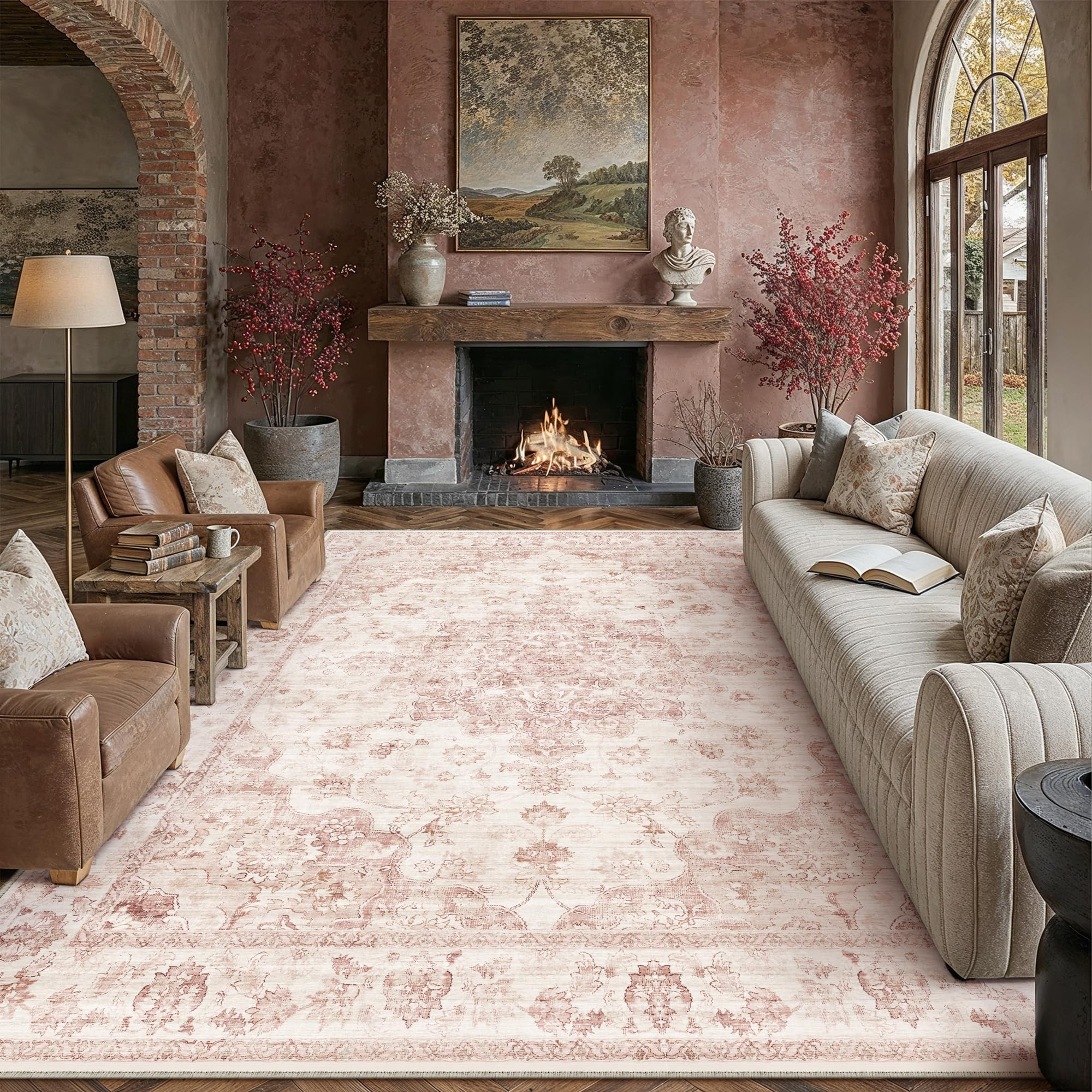8x10 Washable Neutral Area Rug Pink Vintage Living Room Bedroom Carpet Non-Slip Soft Low Pile Flo... | Amazon (US)