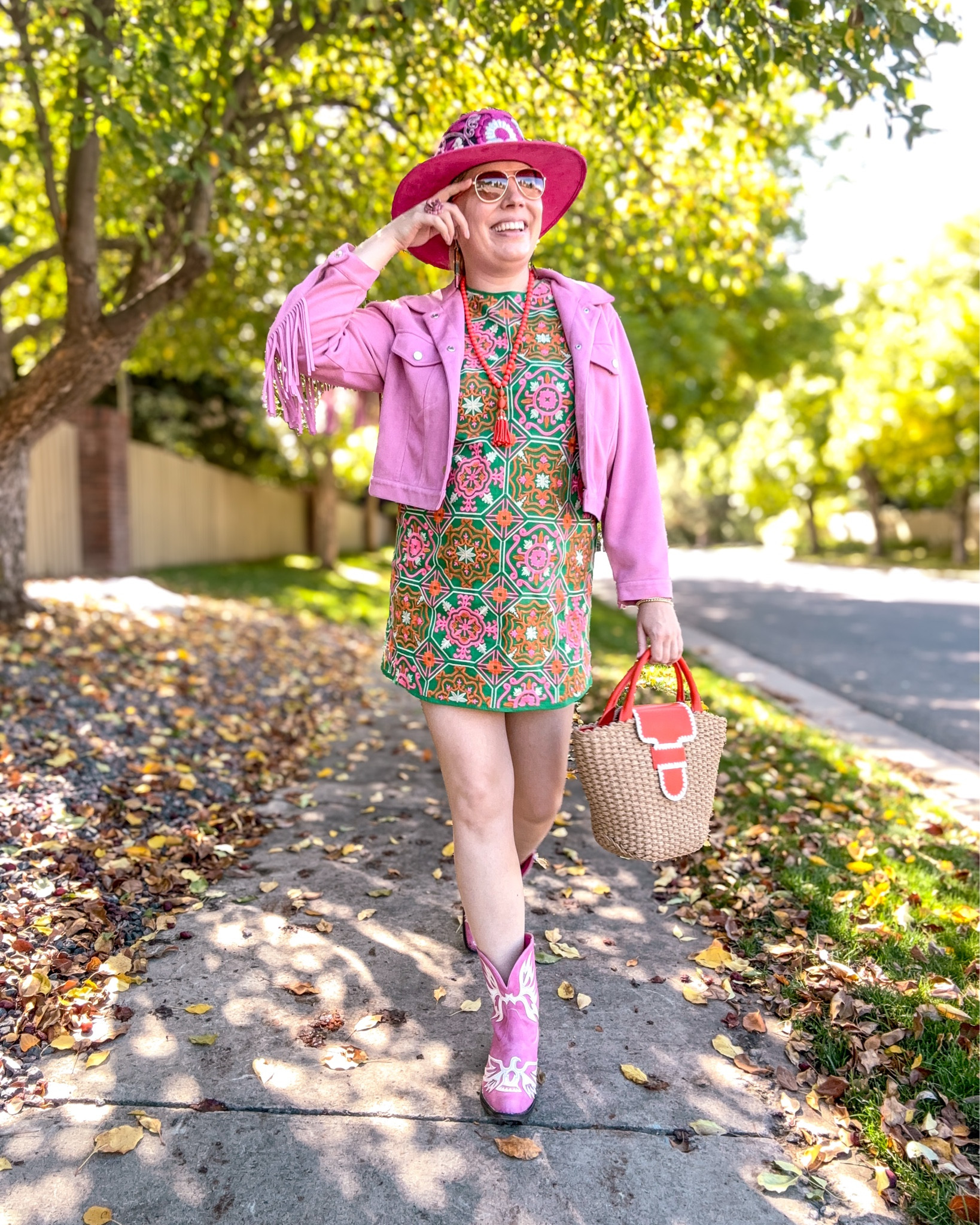 Look 10 - Desert Dust 🌵 

You’ve definitely seen this dress before - it’s been one of my go-to pieces all summer, and it’s just so good! I’m carrying it into fall by layering a jacket over the top for that perfect transitional flexibility. These earrings have been another favorite all season, and they pair so well with this look - proof that bright, colorful accessories can totally work beyond summer! 🍂💖

The Desert Dust capsule is my playful, colorful take on Western style - blending heritage details, bold color, and a little bit of whimsy. Each capsule I create is a curated mini-collection exploring a theme across multiple outfits, showing how versatile favorite pieces can be season to season.

Dress - Avara (linked)
Earrings - Le Chic Miami (linked)
Jacket - Jules Kae (rent from Nuuly! Use my coupon link below)
Hat - Hats N Roses (linked)
Bag - Dillards (linked - act FAST)
Boots - Roper (similar linked)
Sunglasses - Kate Spade (linked)
Ring - Kate Spade
Necklace - ? (Similar linked)
Bracelet - Dillards (similar linked)

Get $30 off of your first month of Nuuly when you use my link! https://share.nuuly.com/kat42828 (also in IG bio)

#DesertDustCapsule #WesternInspired #CapsuleWardrobe #AvaraStyle #Avara #ColorfulStyle

#LTKSeasonal #LTKShoeCrush #LTKItBag